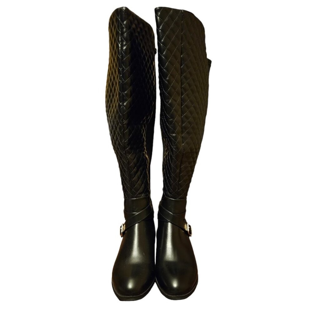 Shoe Dazzle Quilted Black Over-the-Knee Boots with Buckle Strap